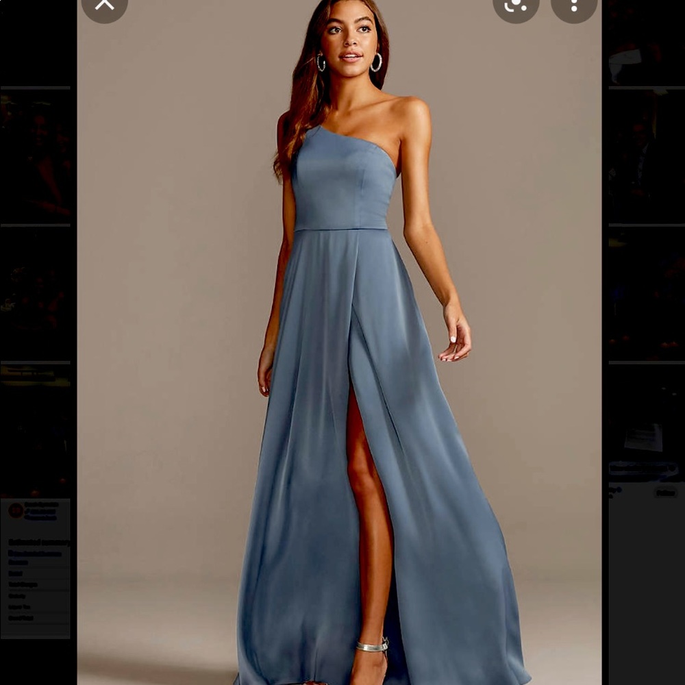 David’s Bridal One Shoulder Satin Steel Blue Gown Dress 0